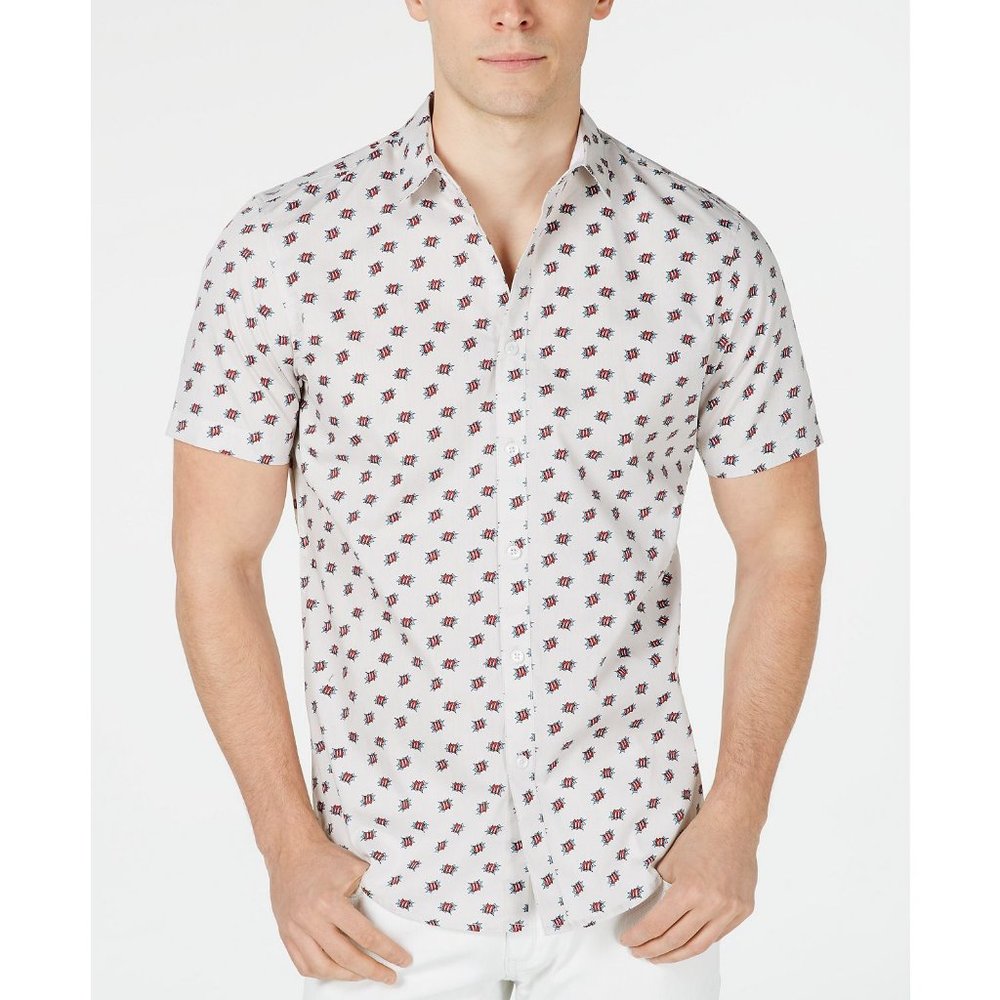 INC International Concepts White Short-Sleeve Button-Down Shirt with Red Print
